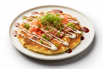 Pancakes with smoked salmon and chives on white plate isolated on white background
