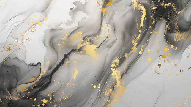 Marble ink abstract art from exquisite original painting for abstract background in gold white color.