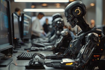 photograph of Robot working at computer among people. Maschine typing on keyboard in office. IT team of future. Futuristic worker. Humanoid work at call center. Support job. Selling concept. 
