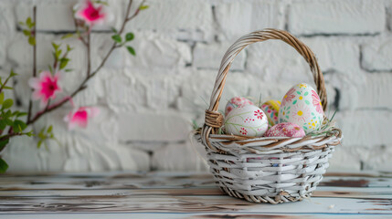 Fototapeta na wymiar Easter basket with hand painted eggs - flowers and rustic background - copy space