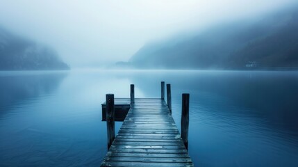 A quiet lake with a wooden pier disappears into mist.