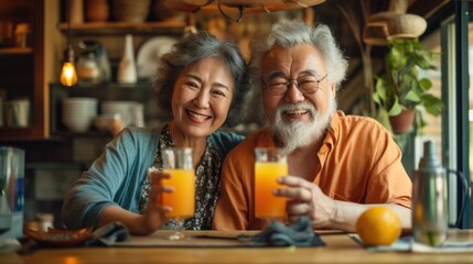 Fototapeta na wymiar Happy elderly Asian couple drinking fresh fruit juice in modern kitchen