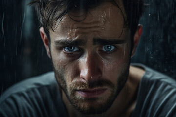 Fototapeta premium Depressed unemployed man losing his job sitting alone in dark light environment generative AI