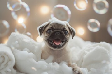 Smiling puppy little pug dog after bath soap bubble foam wrapped in white towel