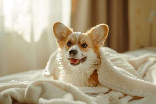 Smiling puppy little corgy dog after bath soap bubble foam wrapped in white towel