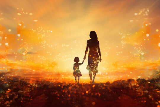 Portrait image of happy family mum and child walking together and enjoying sunset or sunrise outdoors generative AI