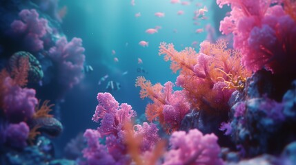 Naklejka na ściany i meble Close Up Colorful Coral Reef, beautiful sea coral, sunlight, fish
