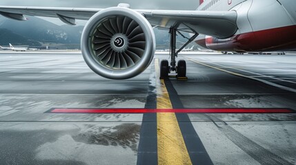 Close-ups of commercial airplane engines and landing gear on the tarmac speak to the power of modern air travel. - obrazy, fototapety, plakaty