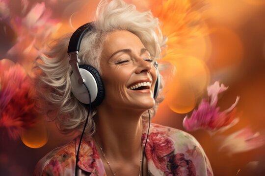 Senior Woman With White Hair Wearing Headphones Generative AI