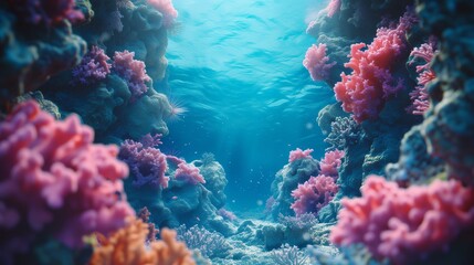 Close Up Colorful Coral Reef, beautiful sea coral, sunlight, fish - obrazy, fototapety, plakaty