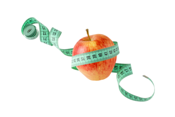 Red yellow apple and measuring tape flying isolated on white background. Symbol of healthy dieting and control weight.