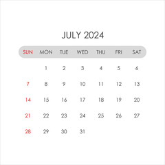 Calendar for July 2024. The week starts on Sunday.