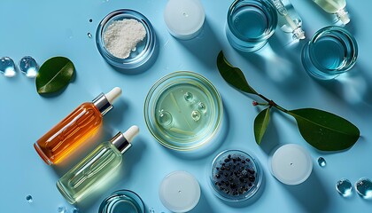 Cosmetic laboratory concept . Glass petri dish with cosmetic products and serum bottles at blue background to promote skin hydration and barrier function. Antioxidant skincare with retinol