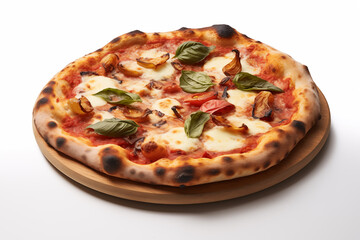 Wood-fired pizza with mozzarella, mushrooms and basil on white background
