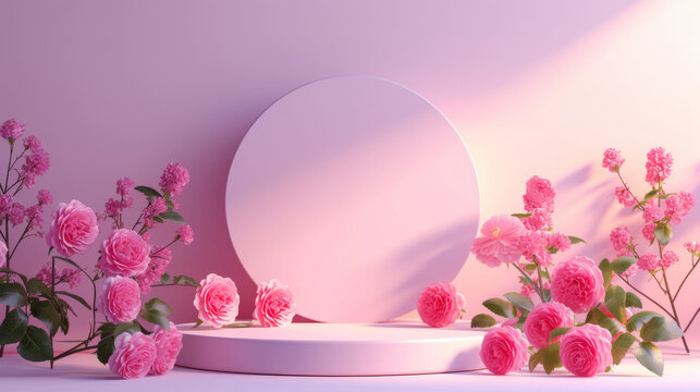 Podium background flower rose product pink 3d spring table beauty stand display nature white. Garden rose floral summer background podium cosmetic valentine easter field scene gift purple day romantic