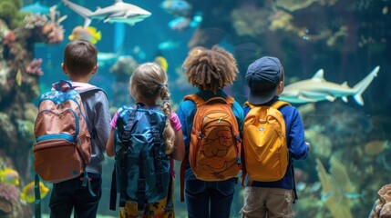 photograph of View of a group of schoolchildren wearing backpacks viewing sharks and other marine...
