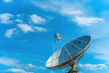white radio telescope Big satellite dish on blue sky background