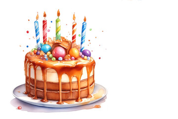 Birthday cake for a child. Five candles on a cupcake. Watercolor illustration with place for text for design of cards, invitations.
