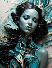 Gorgeous Woman with Metallic Liquid Paint Makeup skyblue gold and white Ai Generated Art 