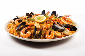 Seafood paella on a plate isolated on a white background