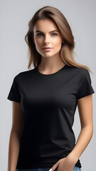 Obraz premium A girl in a black T-shirt on a light background.