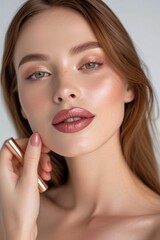 Woman and skincare products. Beauty. Lipstick and makeup with cosmetics and healthy skin on white background. Face. Cosmetic products for lips and clean skin.