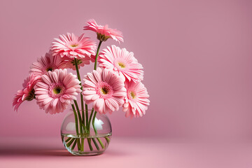 Bouquet of pink gerberas in a glass jar on a blurred background. Concept - greeting card or invitations. Element for design. Close-up illustration