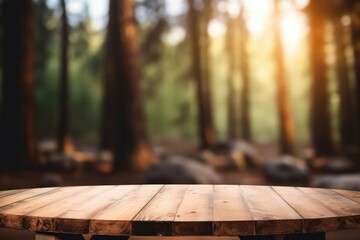 Wooden table on forest camp background