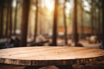 Wooden table on forest camp background