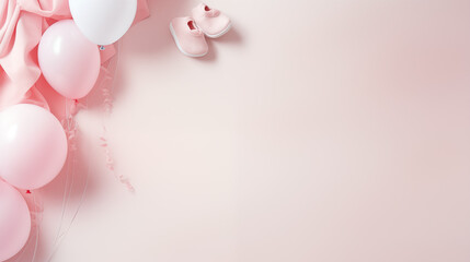Urodzinowe minimalistyczne różowe tło na życzenia lub metryczkę z balonami i dekoracjami - narodziny dziecka - dziewczynki - obrazy, fototapety, plakaty