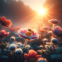 Floral Glow: A Bee's Quest in the Enchanted Light - obrazy, fototapety, plakaty