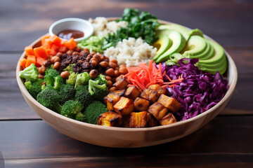 Buddha bowl with rice, avocado, chickpeas, broccoli, carrots and red cabbage on dark wooden background