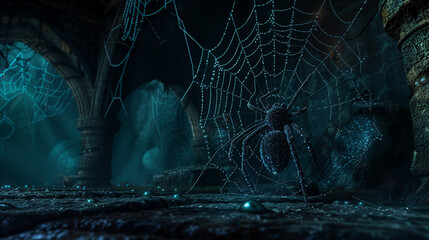 3D render of a darkened chamber where an elusive jewel encrusted spider weaves its intricate web of nightfall - obrazy, fototapety, plakaty