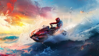 Dynamic jet ski action on turbulent waves. vibrant, colorful artwork of sea adventure. digital painting of watersports. exciting ocean scene. AI - obrazy, fototapety, plakaty