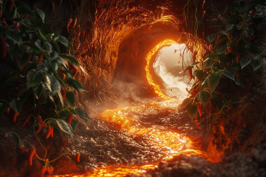 A 3D rendered fiery portal to hell where hot sauce rivers flow and chilies sprout from the ground symbolizing the spiciness of the underworld