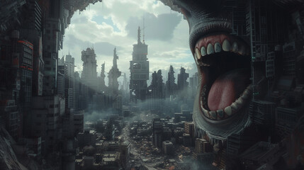 A dystopian cityscape blending seamlessly with the intricate details of an open mouths interior