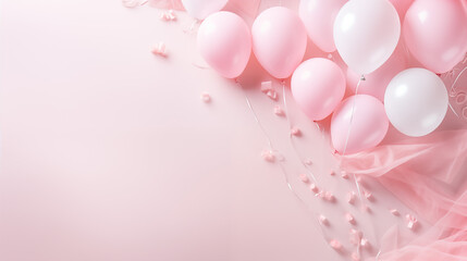 Urodzinowe minimalistyczne różowe tło na życzenia lub metryczkę z balonami i dekoracjami - narodziny dziecka - dziewczynki - obrazy, fototapety, plakaty