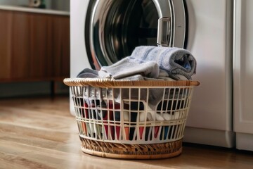 A laundry basket filled with clothes in front of a modern washing machine