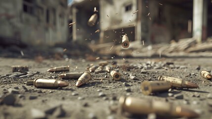 Post-Apocalyptic scene with bullet casings scattered on the ground. representing war, desolation, and chaos. ideal for background use. AI