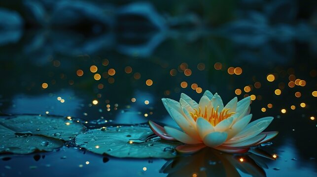 A night-time scene of a lotus flower on water, illuminated by soft lights that mimic stars, conveying peace and the beauty of nature in still life.