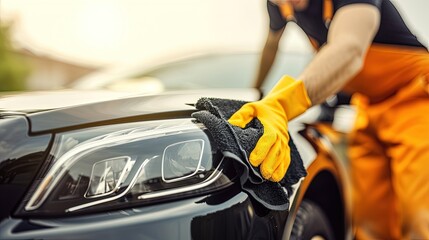Close-up of a male hands washing car. Fingers tracing the contours of the car with precision.