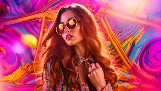 Sensual woman wearing sunglasses against vibrant and colorful background