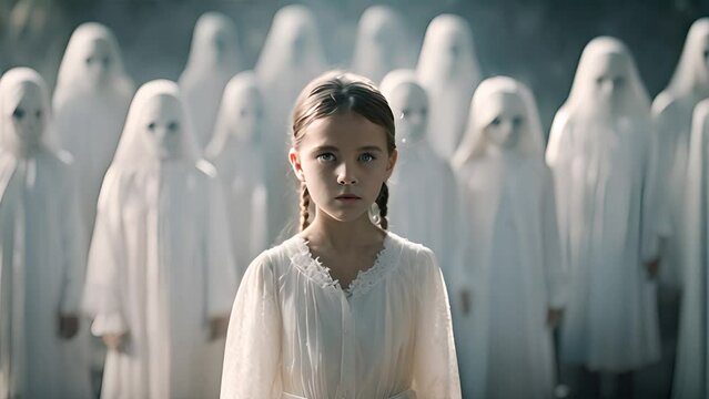 Little girl stands fearlessly amidst a gathering of ghostly figures, observing their presence with intrigue.