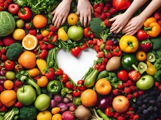 Colorful heart shape from various fruits and vegetables with human hands holding it isolated on white background. Healthy plant-based food concept. Copy space for text. Top view. Love for fresh food