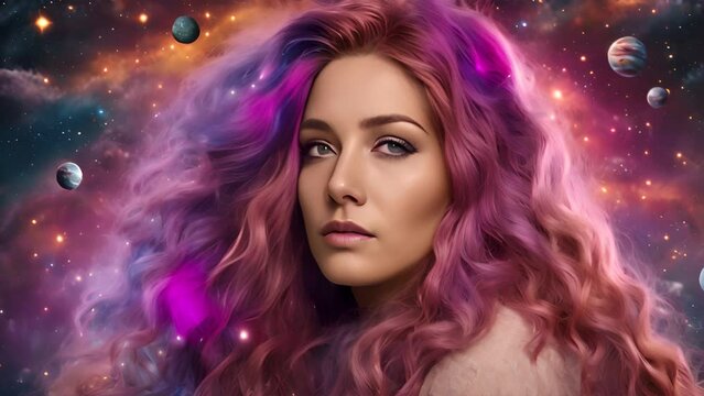 Thoughtful woman with vibrant colored hair blending into mesmerizing galactic scene, creating stunning visual fusion of human beauty and cosmic wonder