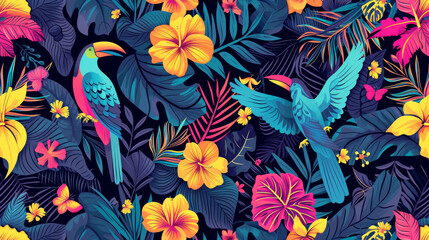 Seamless pattern background influenced by the organic forms and vibrant colors of tropical rainforests with colourful birds and flowers 