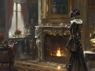 A striking Victorian scene with a maid robot tending to an ornate fireplace in an opulent mansion
