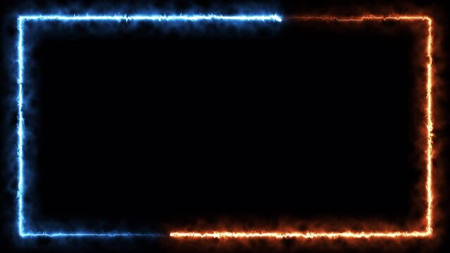Abstract animated frame border with fire effects in glowing blue and orange colors, transparent background with alpha channel, copy space, concepts, ideas, 4k. 
