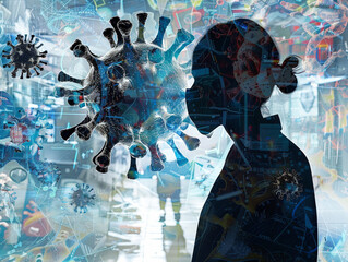 An abstract background featuring a collage of virus related images intertwined with the silhouette of a doctor symbolizing their continuous efforts to understand and combat the virus