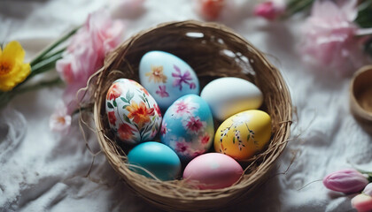 Fototapeta na wymiar eggs in a basket, the idea of how to paint Easter eggs, be an expert in decoration...